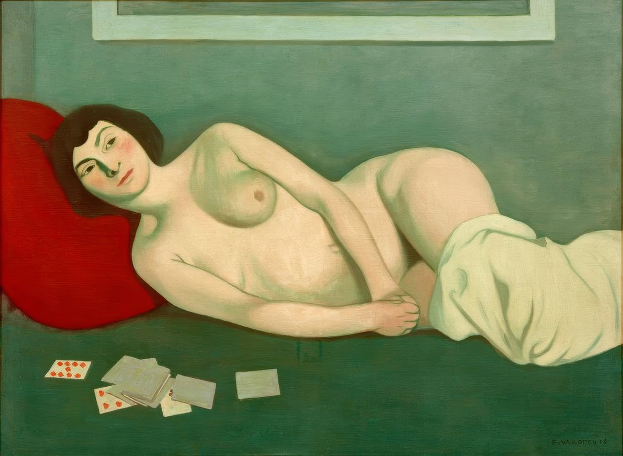Nackte Frau liegend mit blauen Karten von Felix Edouard Vallotton