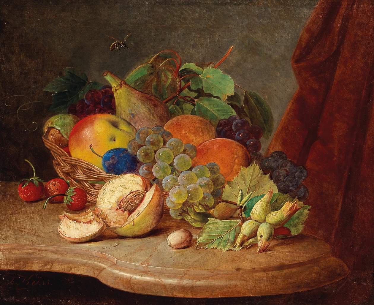 Stillleben mit Obstkorb und Biene von Ferdinand Kuss