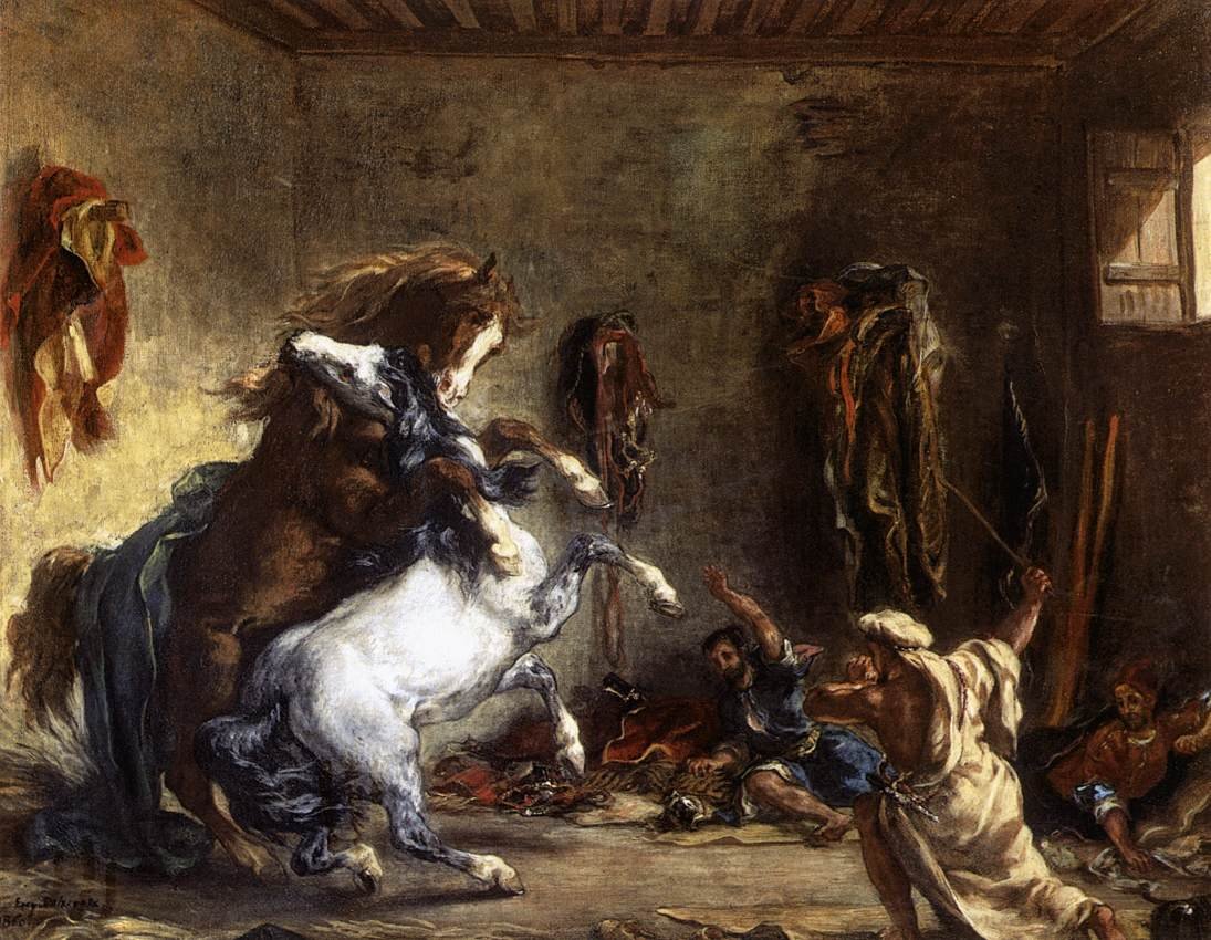 Arabische Pferde kämpfen im Stall von Ferdinand Victor Eugene Delacroix