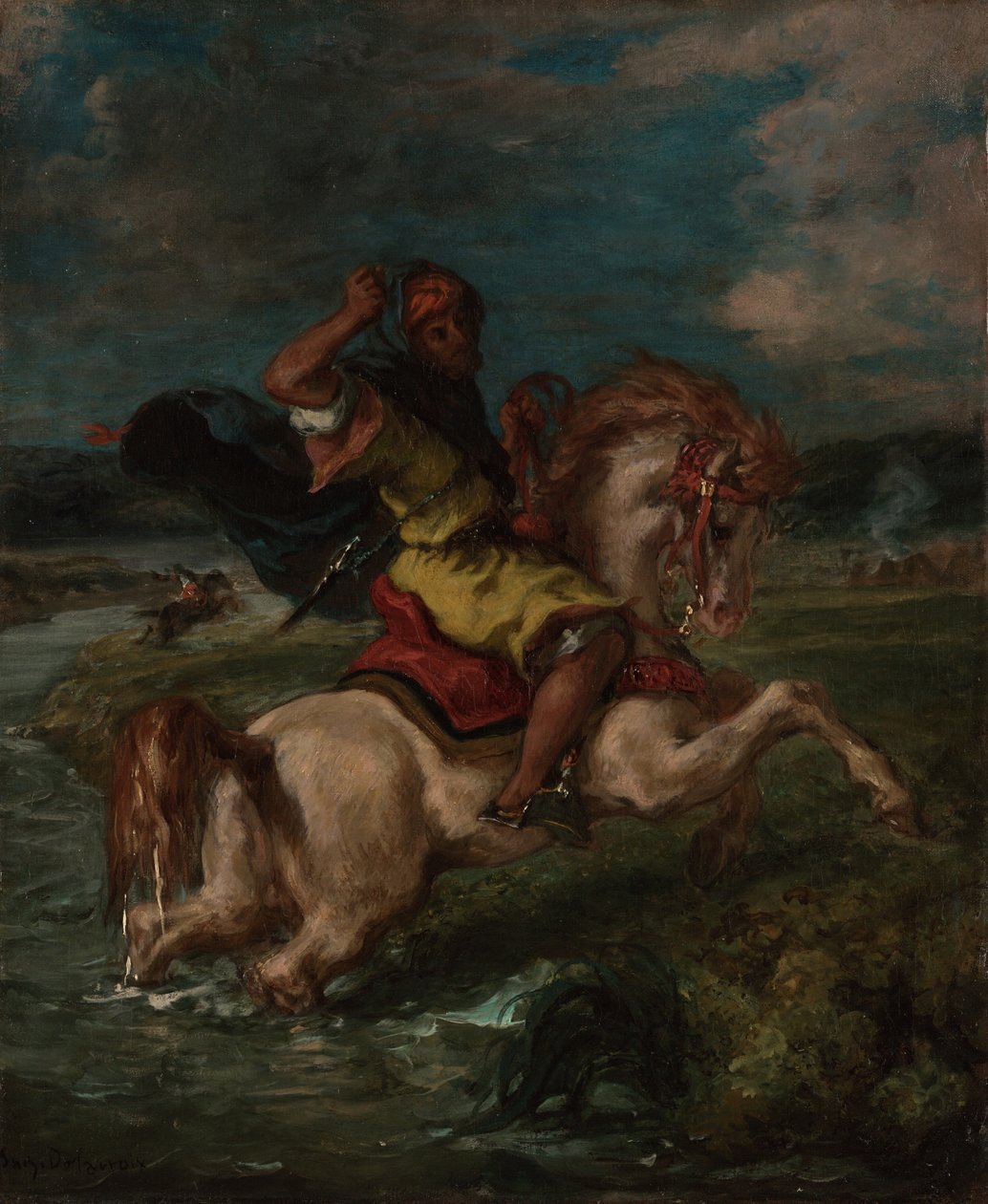 Marokkanischer Reiter überquert eine Furt von Ferdinand Victor Eugene Delacroix