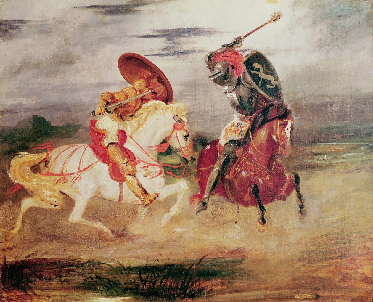 Zwei Ritter kämpfen in einer Landschaft, ca. 1824 von Ferdinand Victor Eugene Delacroix