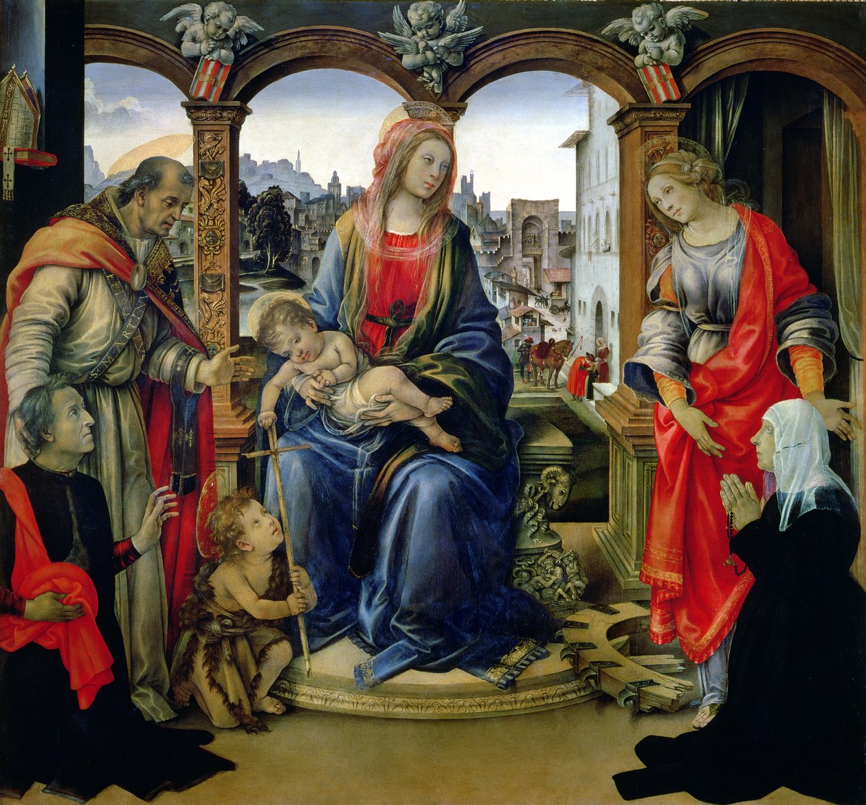 Nerli-Altarbild: Madonna und Kind mit dem jungen Johannes dem Täufer, St. Martin, St. Katharina und den Stiftern Tanai und Nanna dei Nerli, 1494 von Filippino Lippi