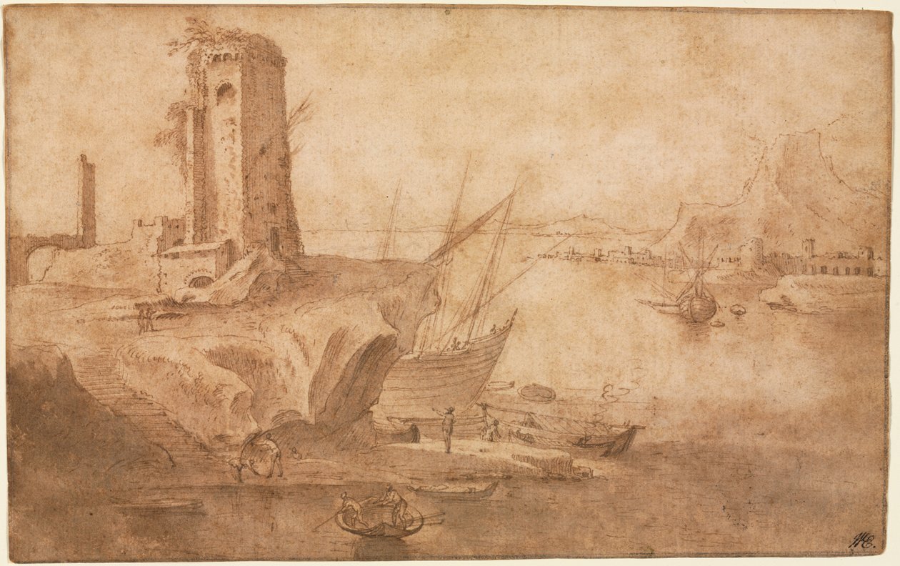 Landschaft mit Turm am Meer von Filippo Napoletano