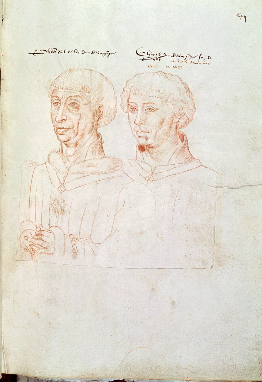 Ms 266 f.61 Philipp III. der Gute (1396-1467) Herzog von Burgund und sein Sohn, Karl der Kühne (1433-77) aus dem 