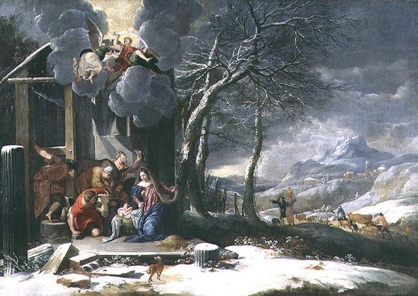 Winterlandschaft mit Geburt Christi von Flemish School