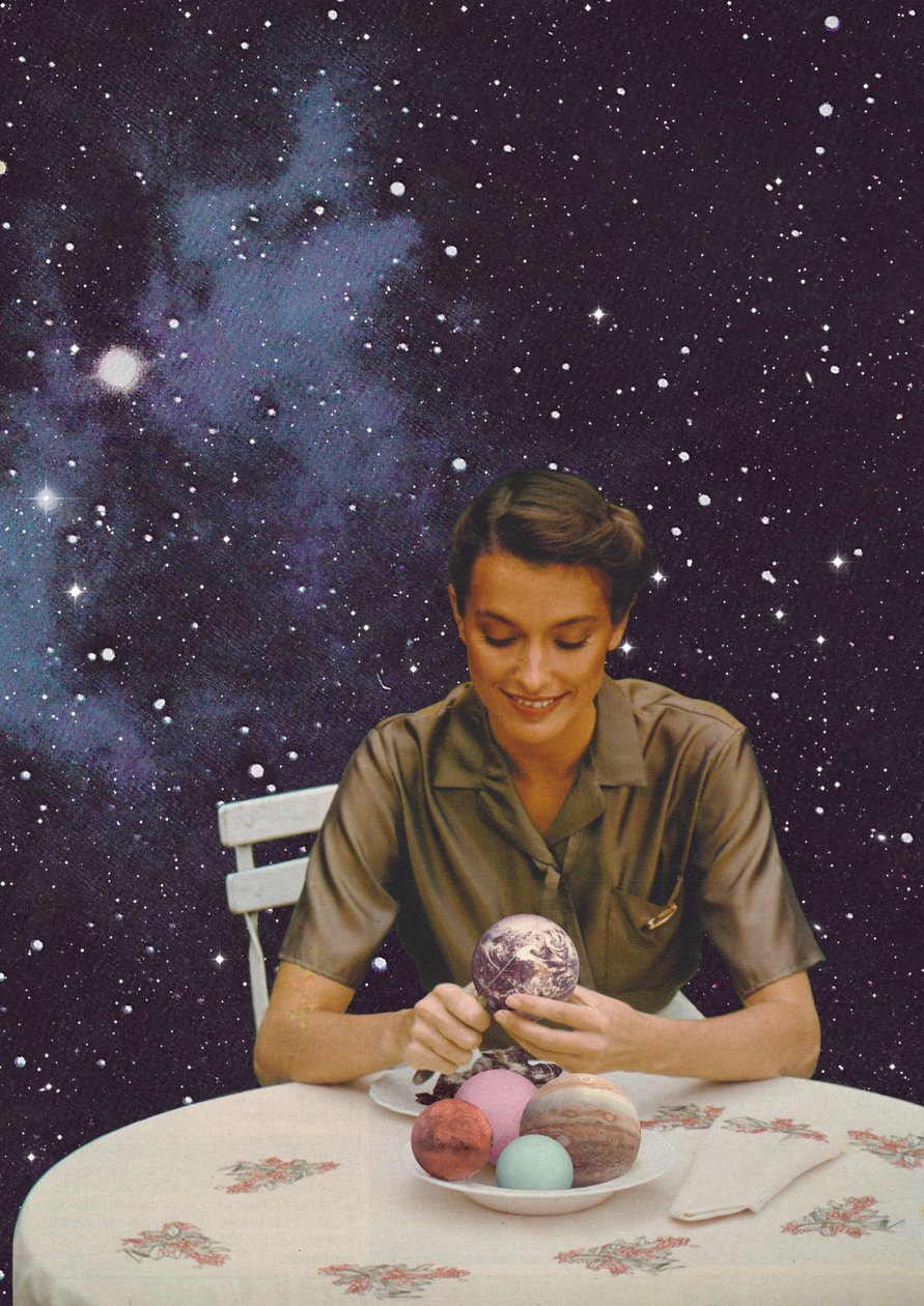 Frau schält die Erde, 2020 (Collage) von Florent Bodart
