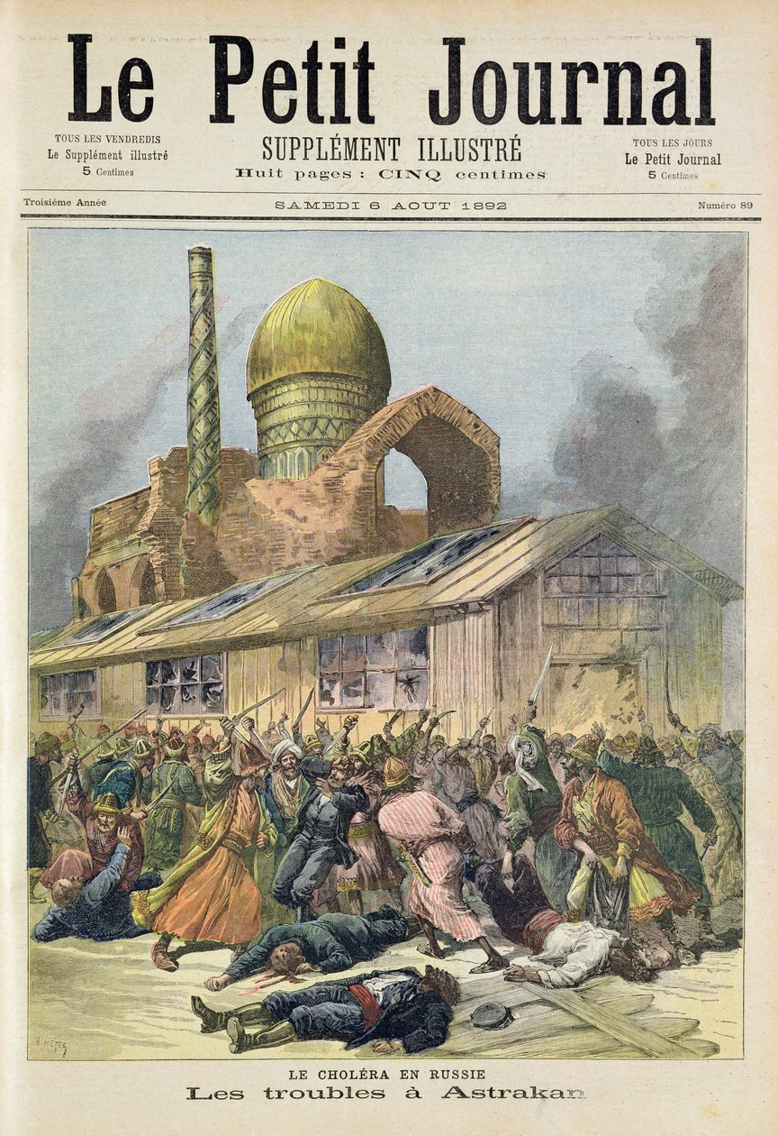 Titelblatt, das die Unruhen in Astrachan während der Cholera in Russland darstellt, Illustration aus der illustrierten Beilage des Le Petit Journal, 6. August 1892 von Fortune Louis Meaulle and Henri Meyer