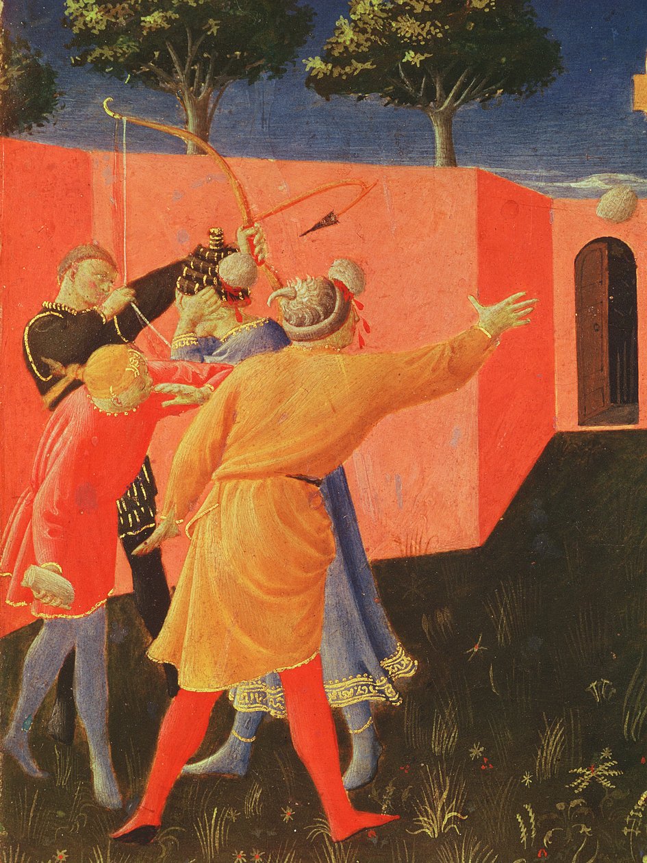 Die Kreuzigung und Steinigung der Heiligen Cosmas und Damian, Detail ihrer Peiniger, Predella vom Annalena-Altar, 1434 (Tempera auf Tafel) von Fra Angelico