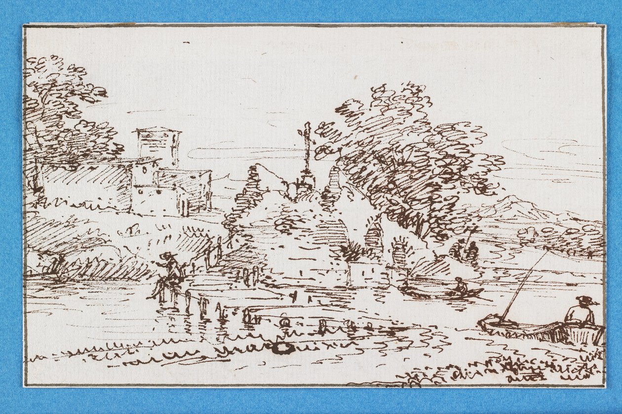 Landschaft mit Figuren beim Angeln, Mitte des 17. Jahrhunderts (Feder und braune Tinte) von Francesco Allegrini