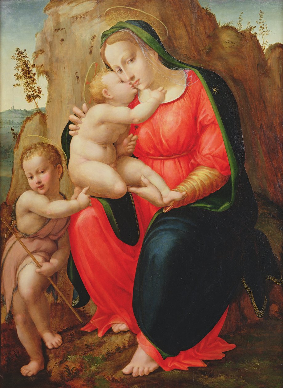Madonna mit Kind und Johannes in einer Landschaft von Francesco Granacci