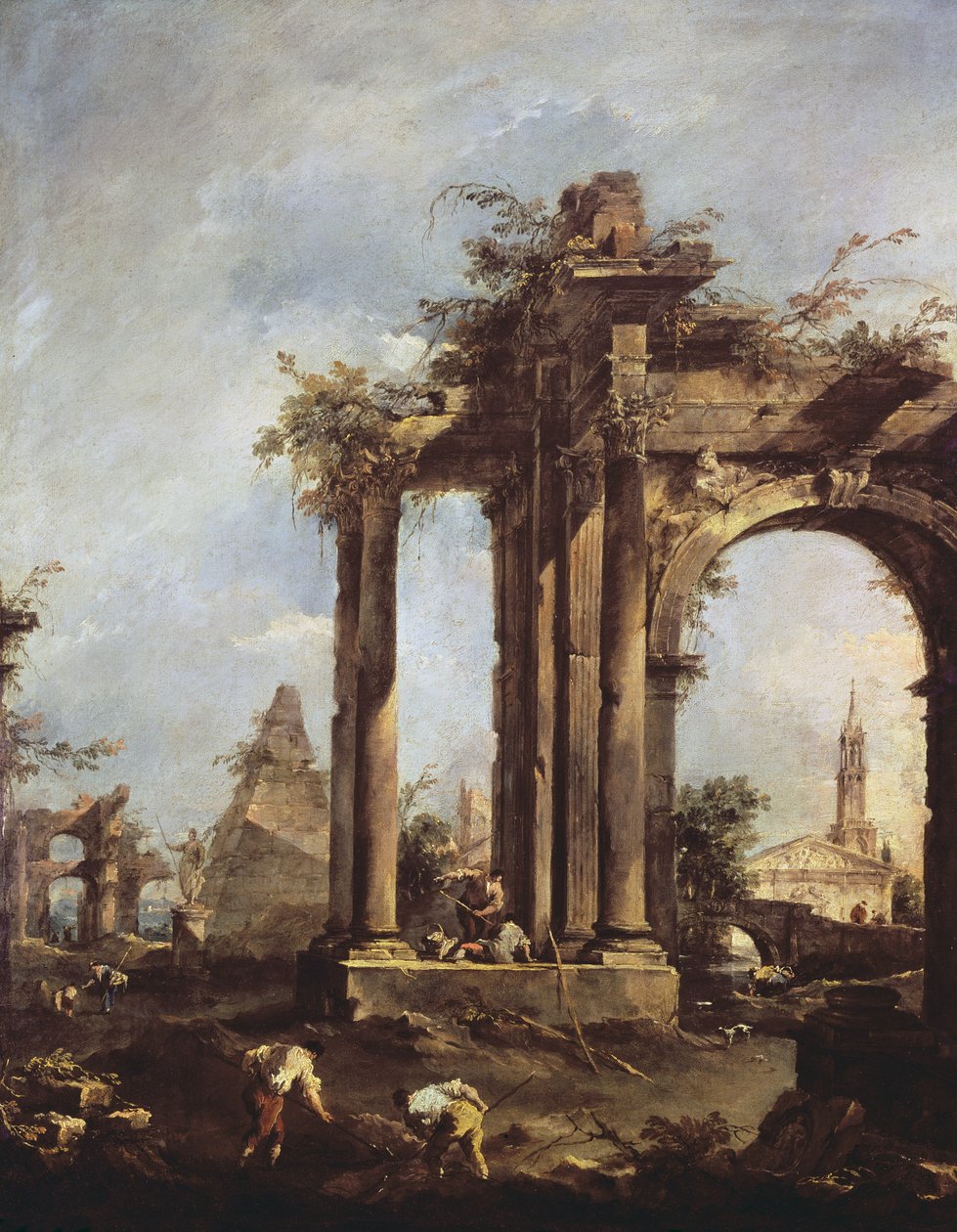 Capriccio mit römischen Ruinen, einer Pyramide und Figuren, 1760-70 von Francesco Guardi