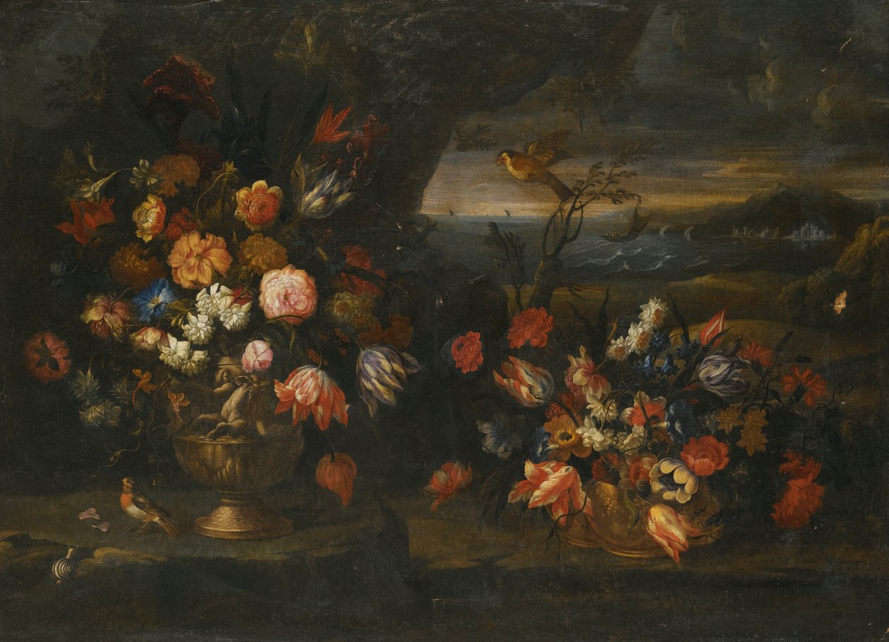 Stillleben mit Blumenvase in einer Küstenlandschaft von Francesco Mantovano