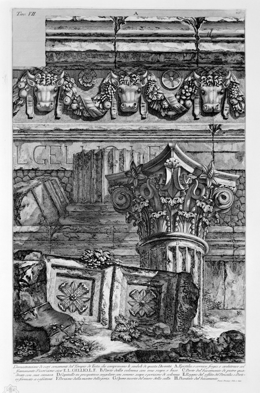 Darstellung verschiedener Ornamente des Tempels der Vesta, die die Symbole dieser Göttin belegen von Francesco Piranesi