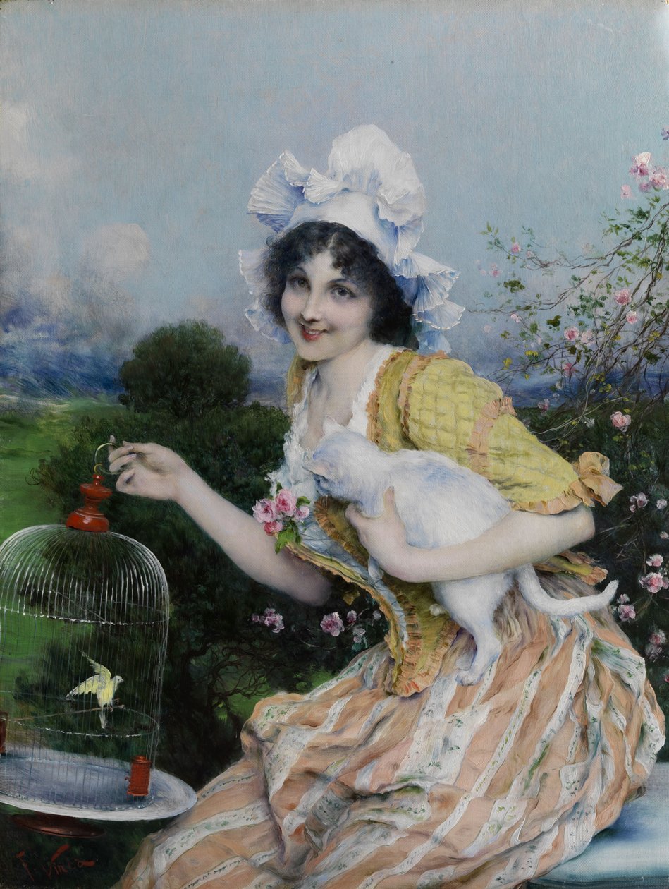 Mädchen mit Katze und Vogelkäfig von Francesco Vinea