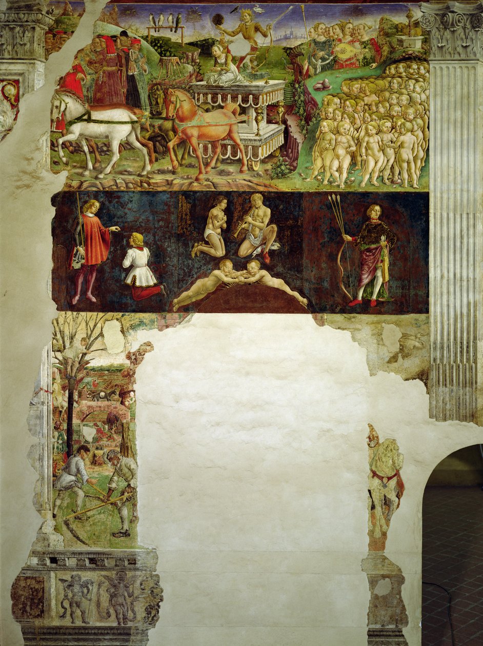 Allegorie des Mai: Astrologische Symbole der Zwillinge und Triumph des Apollo, von Francesco del Cossa, 1469 - 1470 von Francesco del Cossa
