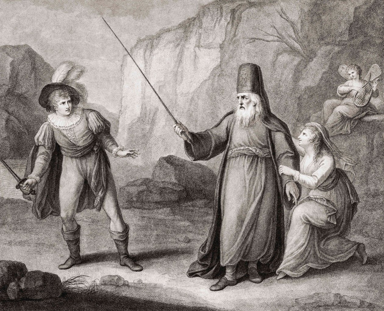Prospero entwaffnet Ferdinand. Shakespeare. Der Sturm (Gravur) von Francesco Bartolozzi