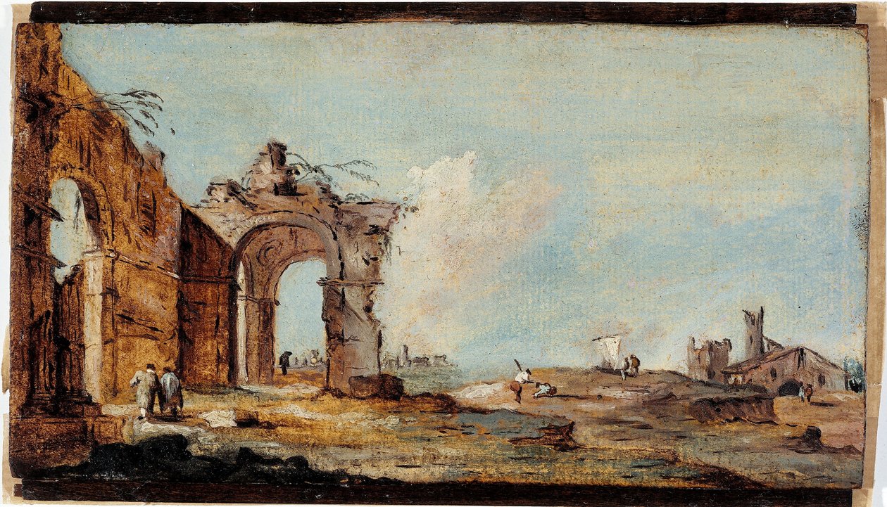 Caprice, mit ruinösem Bogen und Fischerhäusern von Francesco Guardi
