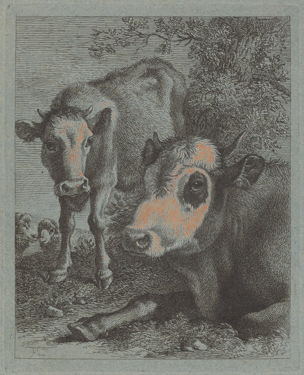Liegende Kuh und Kalb im Freien von Francesco Londonio