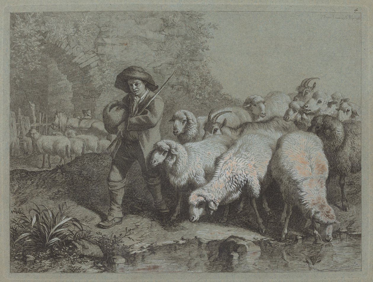 Hirte mit einem Sack, der eine Herde treibt von Francesco Londonio