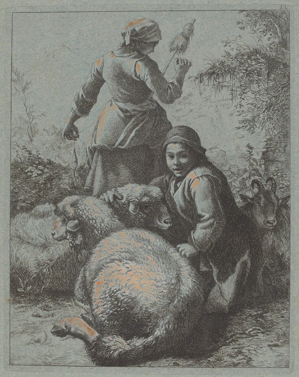 Spinnerin und ein Hirte mit Herde von Francesco Londonio