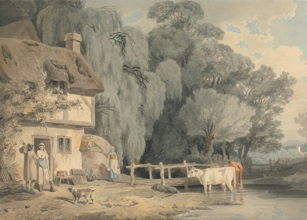 Ländliche Szene - Figuren an einer Hüttentür und Vieh in einem Bach von Francis Wheatley