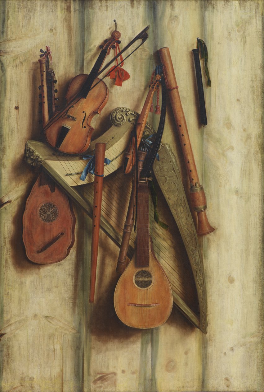Bordtrennwand mit Musikinstrumenten. Trompe l