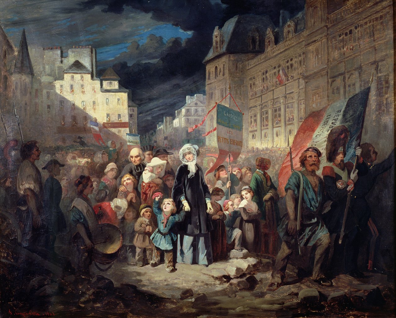 Madame Lamartine adoptiert die Kinder von Patrioten, die während der Revolution von 1848 in Paris an den Barrikaden getötet wurden, 1848 von Francois Claudius Compte Calix