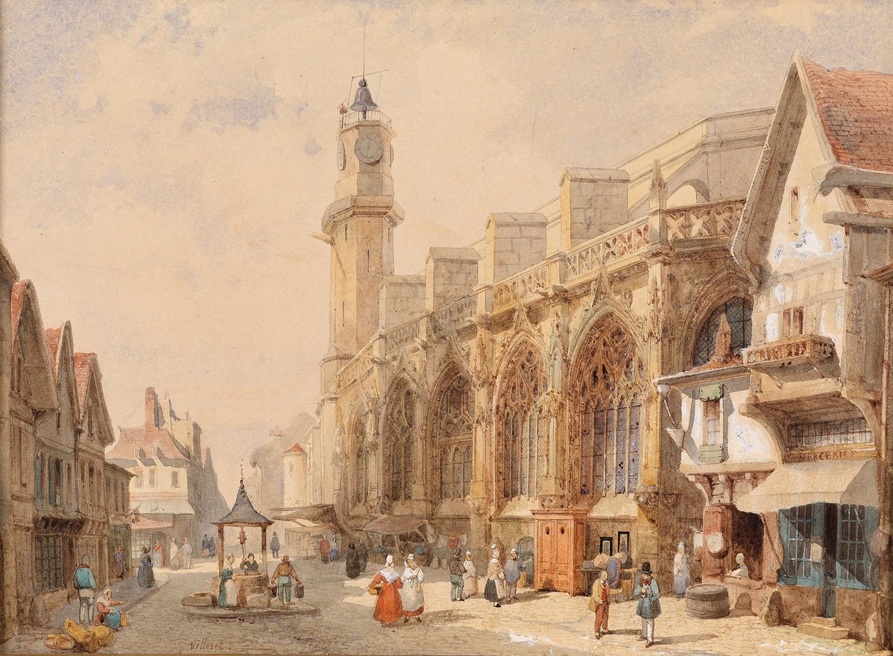 Französische Dorfstraße mit einer Kathedrale von Francois Etienne Villeret