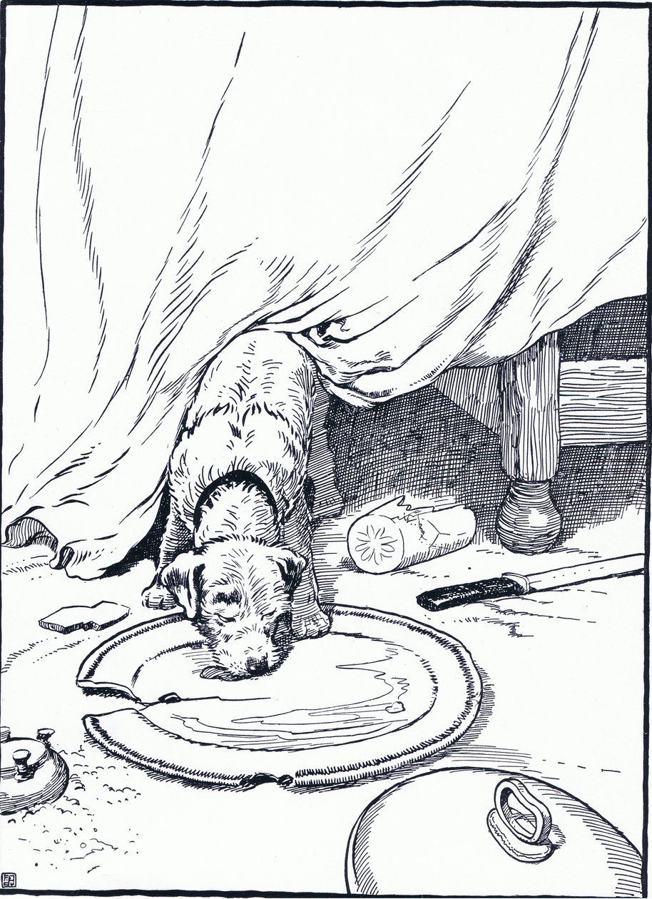 Sie ging zum Fischhändler, um ihm Fisch zu kaufen, aber als sie zurückkam, leckte er das Gericht, 1930er Jahre von Frank Adams
