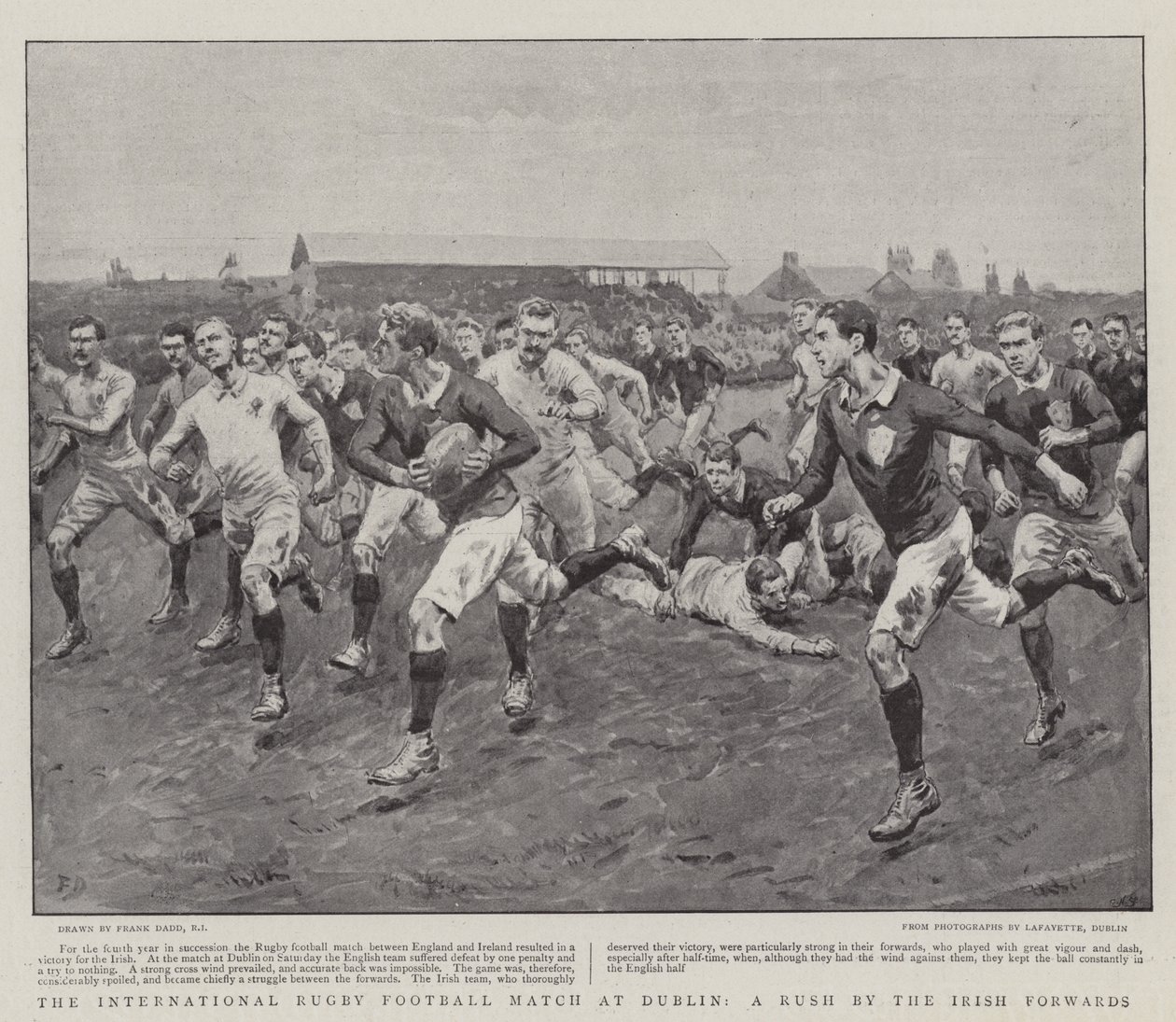 Das internationale Rugby-Fußballspiel in Dublin, ein Ansturm der irischen Stürmer von Frank Dadd