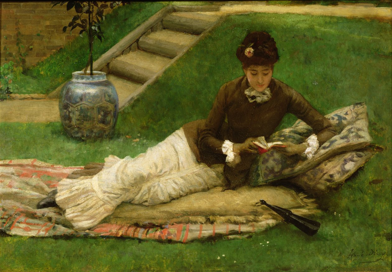 Der Roman, Eine Dame im Garten liest ein Buch von Frank Dicey