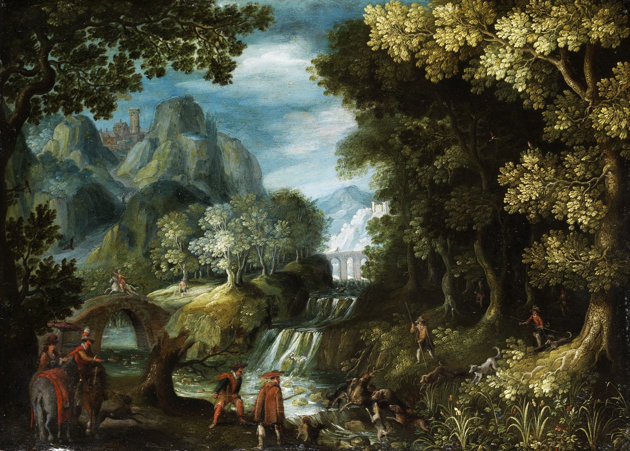 Baumlandschaft mit Kaskaden und Jagdgesellschaft von Frankenthaler Malergruppe