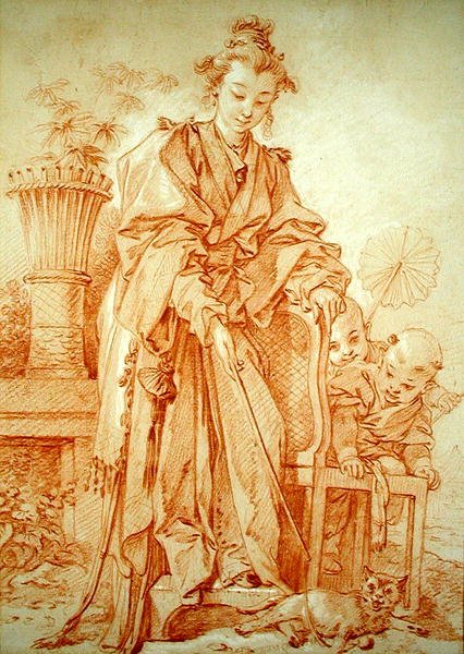 Chinesisches Mädchen spielt mit einer Katze von François Boucher