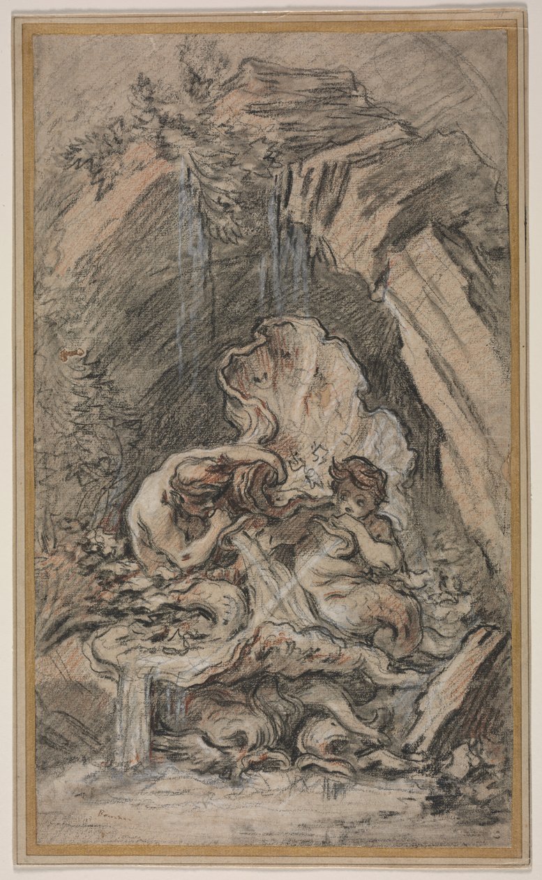 Brunnen mit zwei Tritonen, die Muschelschalen blasen von François Boucher