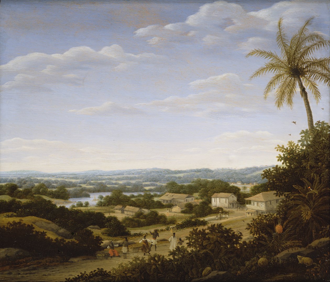 Brasilianische Landschaft mit Einheimischen auf einer Straße, die zu einem Dorf führt, 1665 von Frans Post