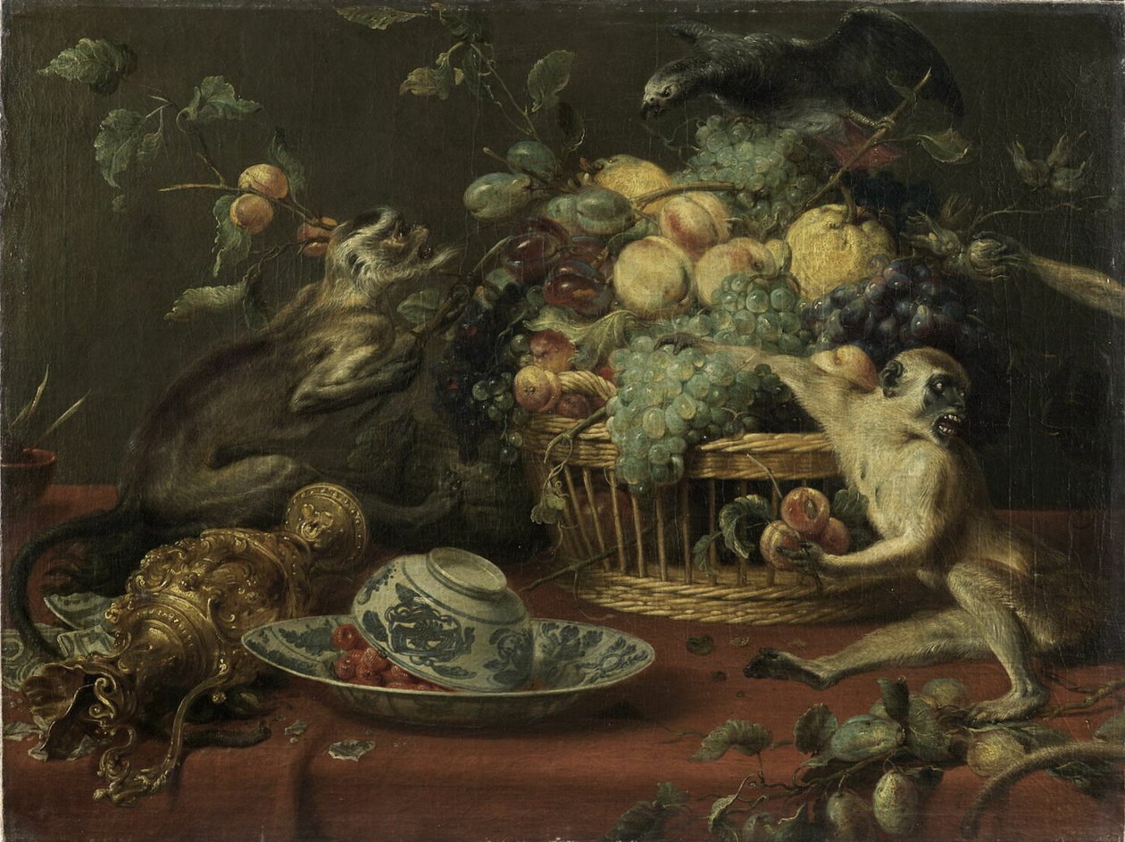 Affen und Papagei in der Nähe eines Obstkorbs von Frans Snyders