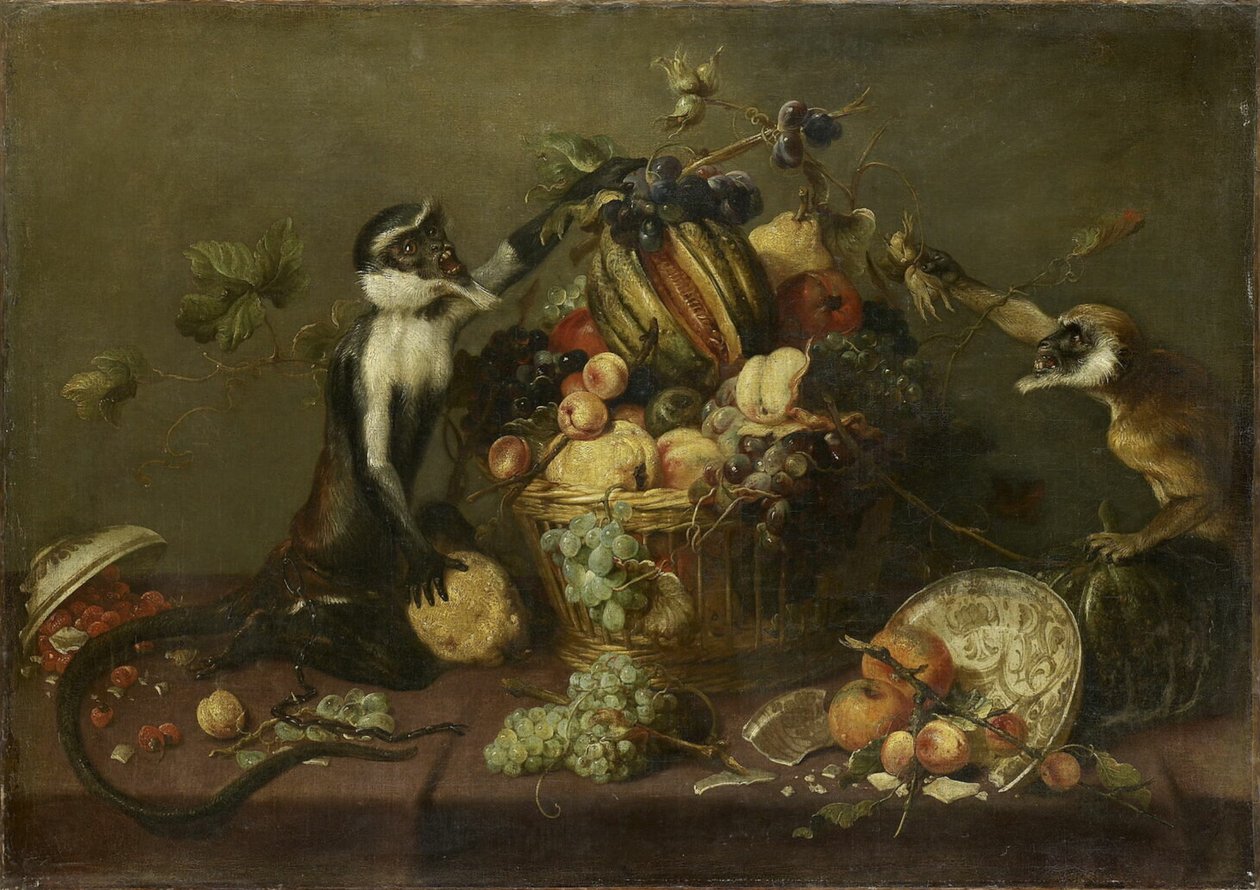 Zwei Affen plündern einen Obstkorb von Frans Snyders