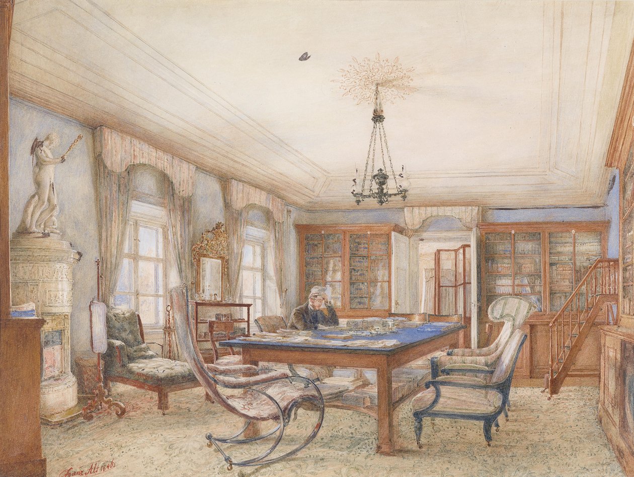 Biedermeierliches Interieur mit einem an einem Tisch sitzenden Mann von Franz Alt