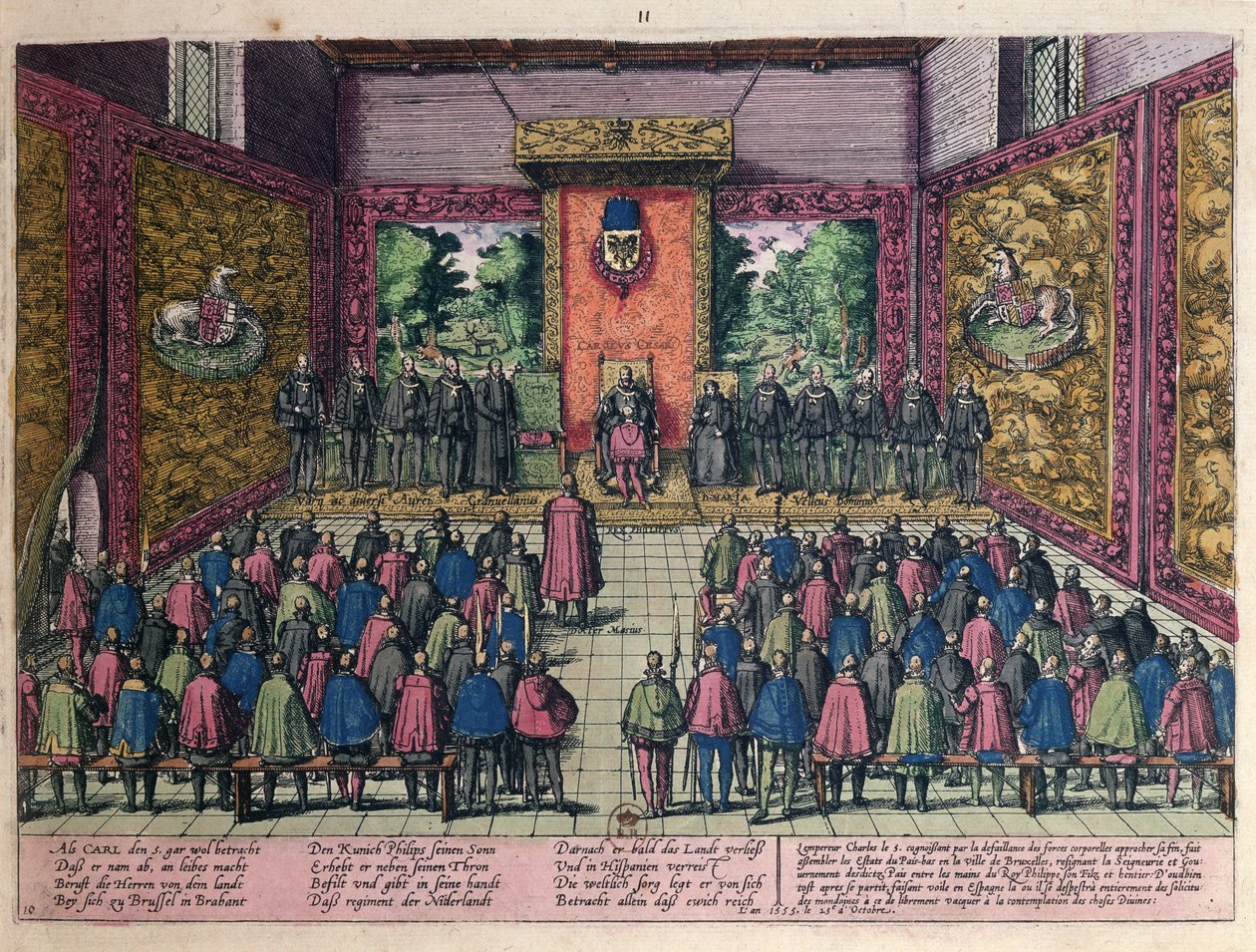 Der Kaiser Karl V. (1500-58) kündigt die Abdankung seiner Macht über die Niederlande an seinen Sohn und Erben Philipp II. (1527-98) vor dem Hof in Brüssel am 25. Oktober 1555 an von Franz Hogenberg