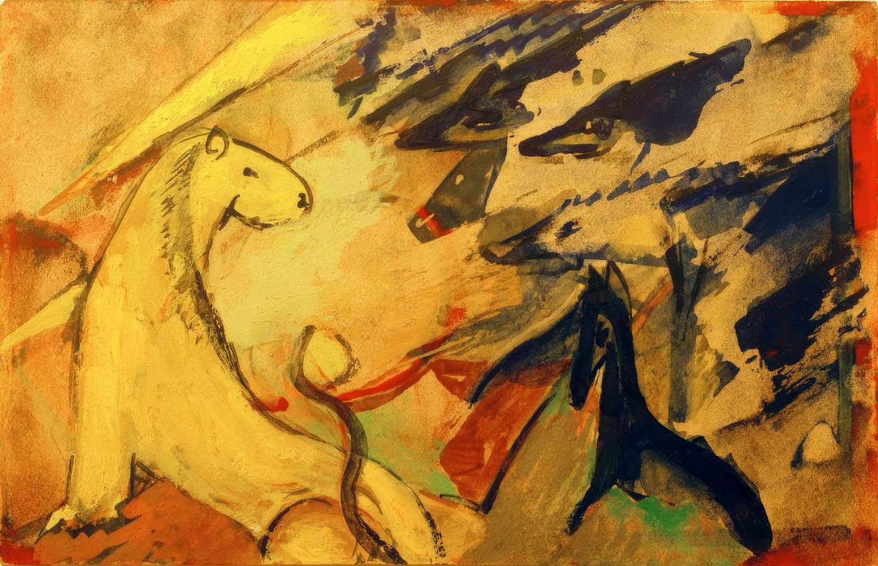 Gelber Löwe, blaue Füchse, blaues Pferd von Franz Marc