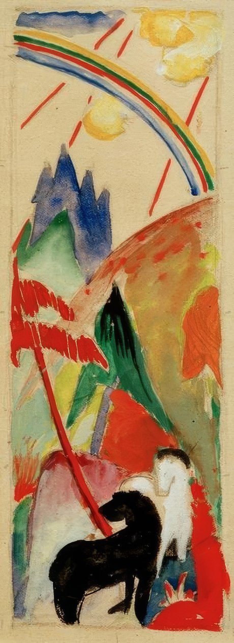 Schwarzes und weißes Pferd in Gebirgslandschaft mit Regenbogen von Franz Marc