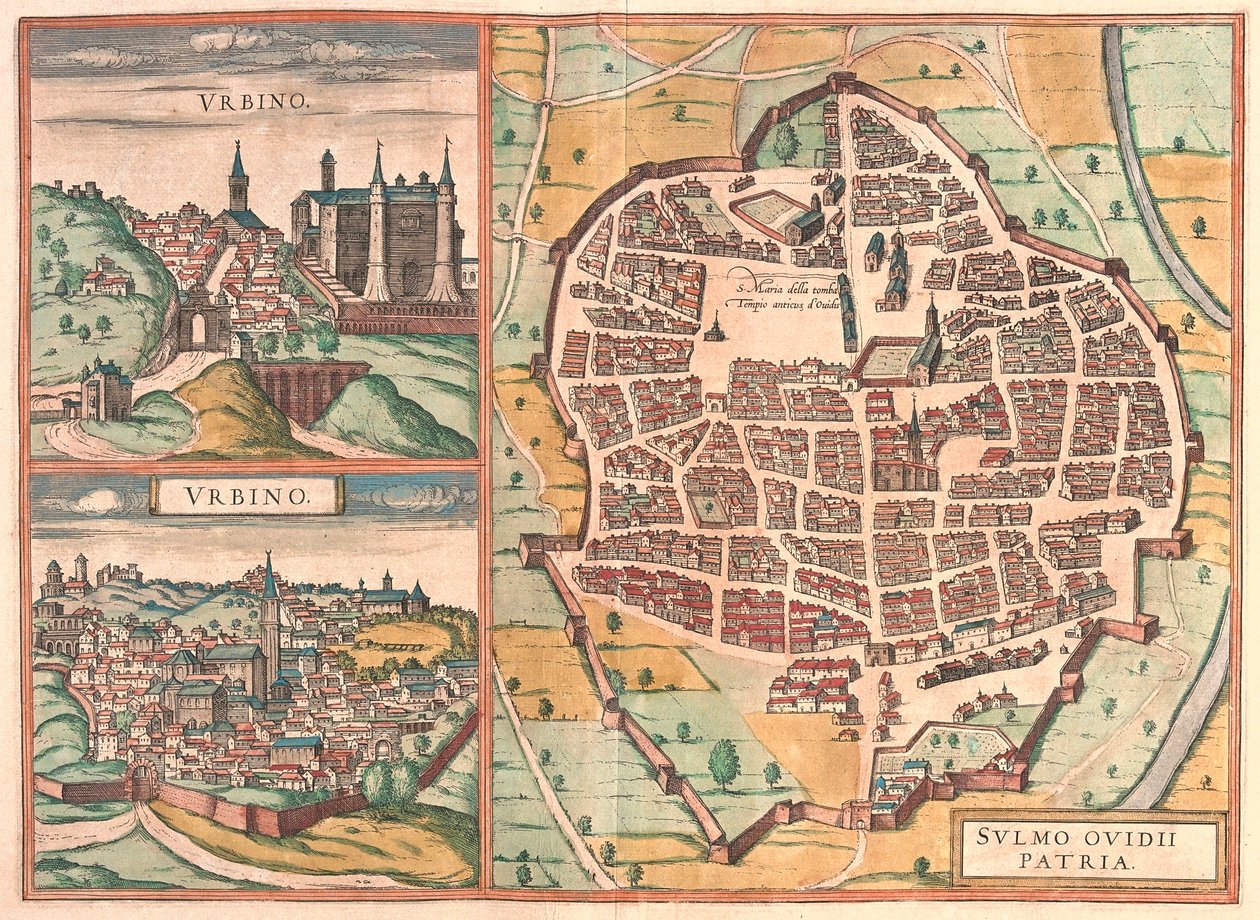 Urbino und Sulmona, Italien (Stich) von Franz Hogenberg