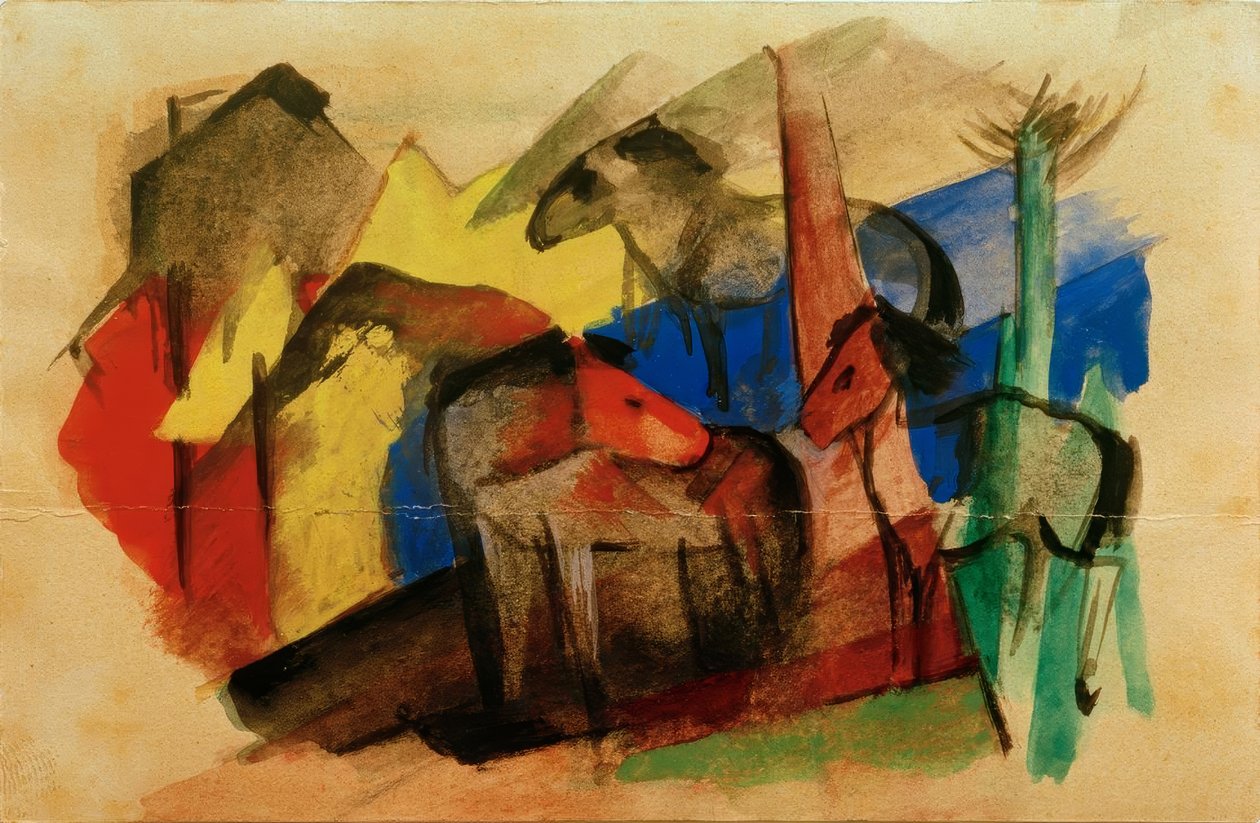 Drei Pferde in Landschaft mit Häusern von Franz Marc