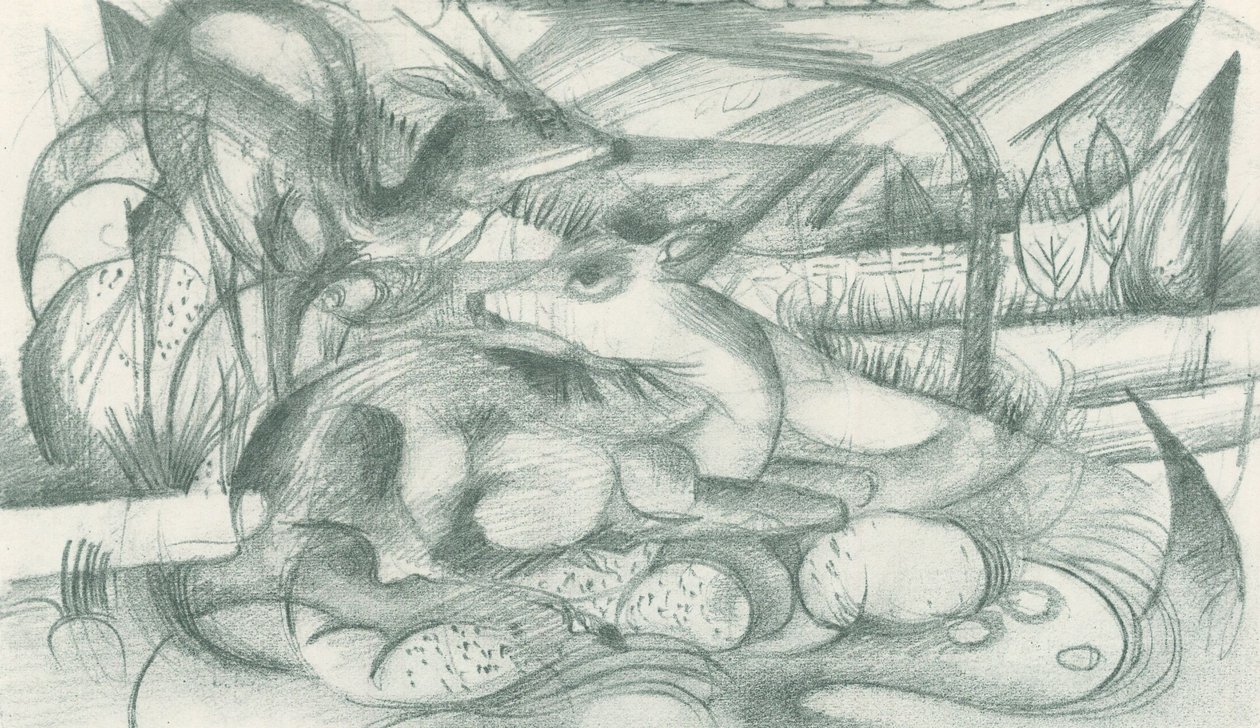 Hirsch und Hirschkuh in Urlandschaft von Franz Marc