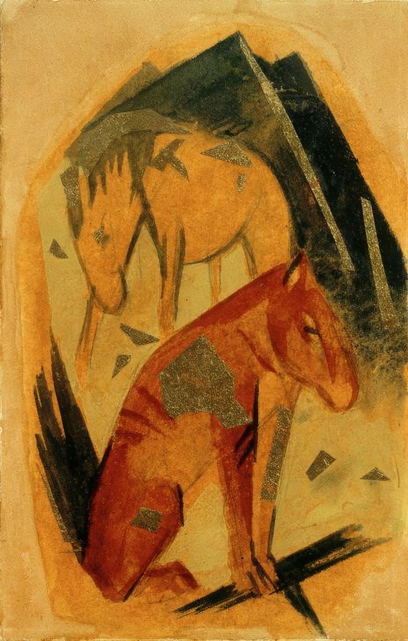 Zwei Pferde vor blauem Berg von Franz Marc