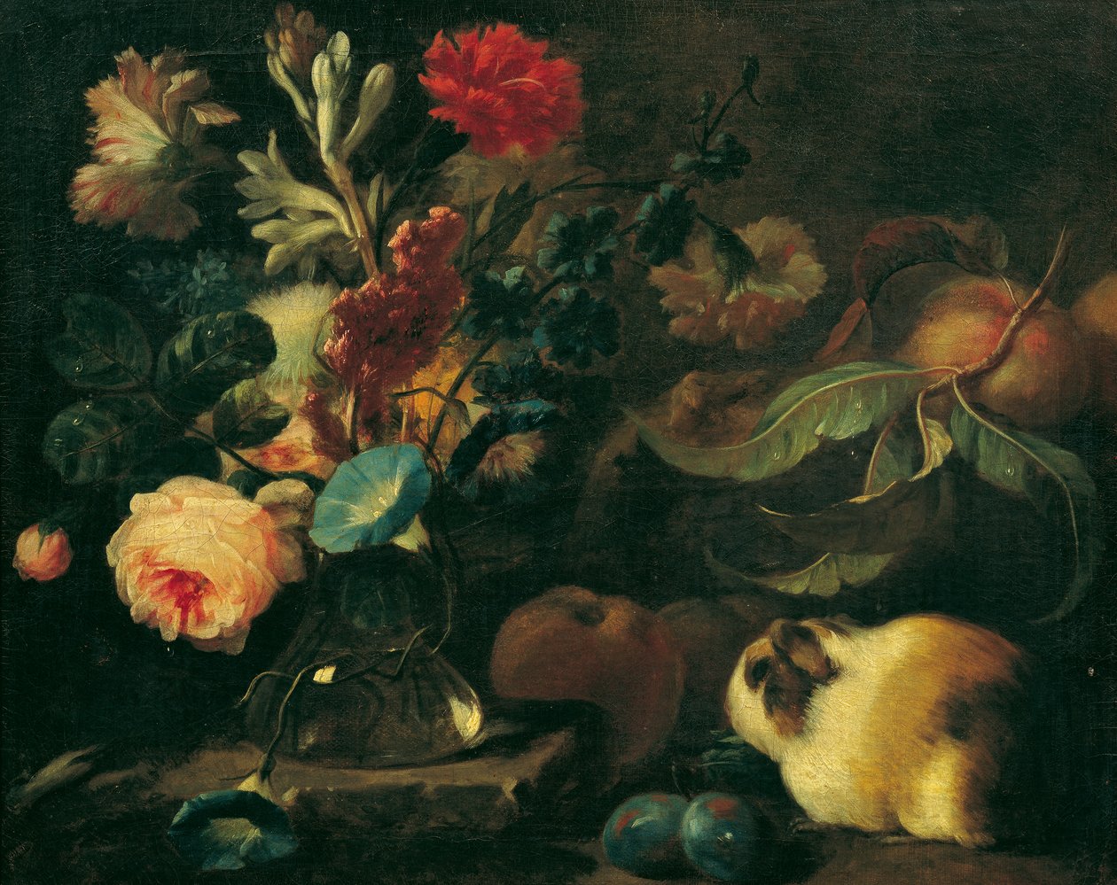 Stillleben mit Meerschweinchen, Blumen und Früchten von Franz Werner Tamm