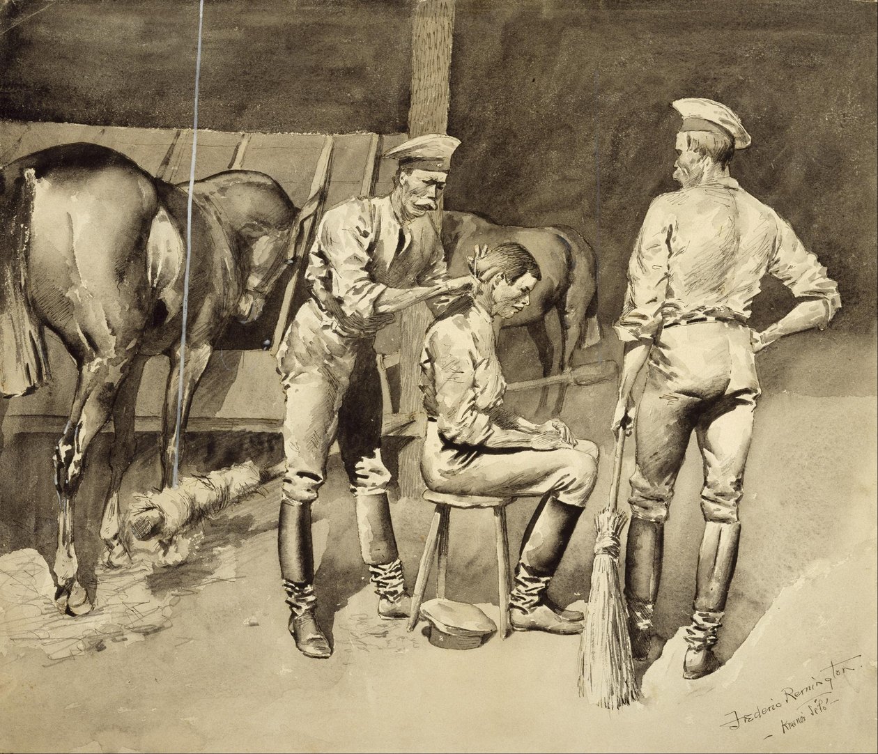 Ein Haarschnitt in einem Kavallerie-Stall von Frederic Remington