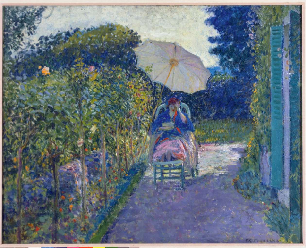 Frau im Garten sitzend, 1914 von Frederick Carl Frieseke