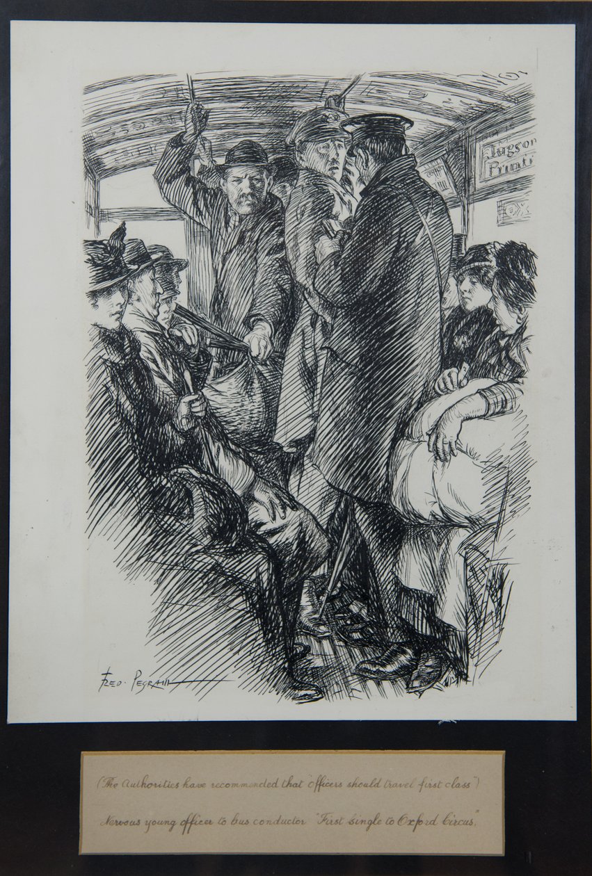 Nervöser junger Offizier zum Busfahrer: Erste Einzelfahrt zum Oxford Circus von Frederick Pegram