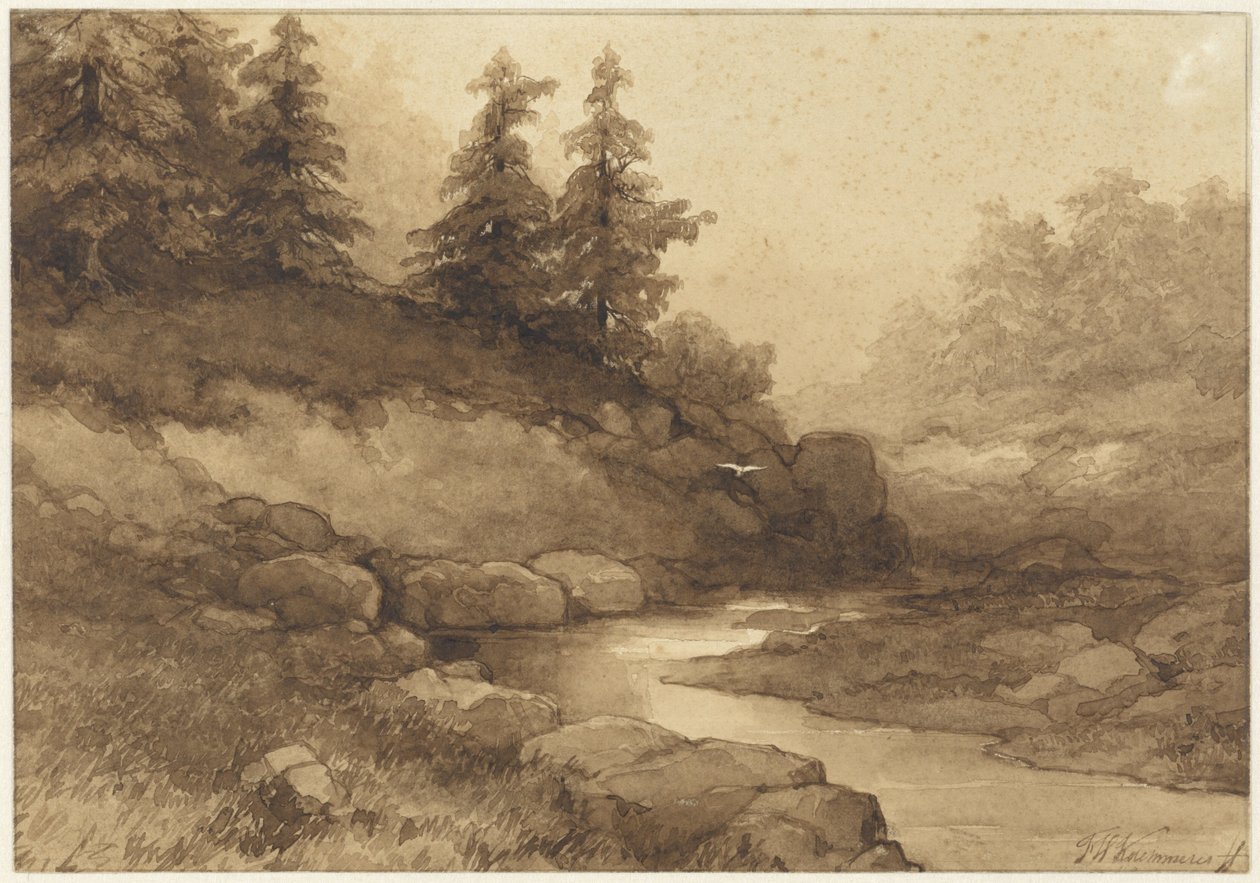 Hügelige Landschaft mit einem Fluss von Frederik Hendrik Kaemmerer